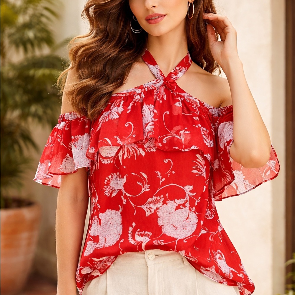 Tommy Hilfiger Red Floral Halter Top Open Back Sheer Blouse XL Summer Boho